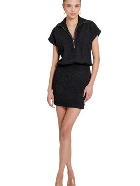 Amanda Uprichard Rubina Black Mini Dress Textured with Zip Collar Size Small